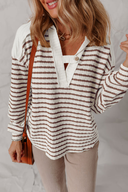 Textured Stripe Notched Button Tab V Neck Drop Shoulder Long Sleeve Top